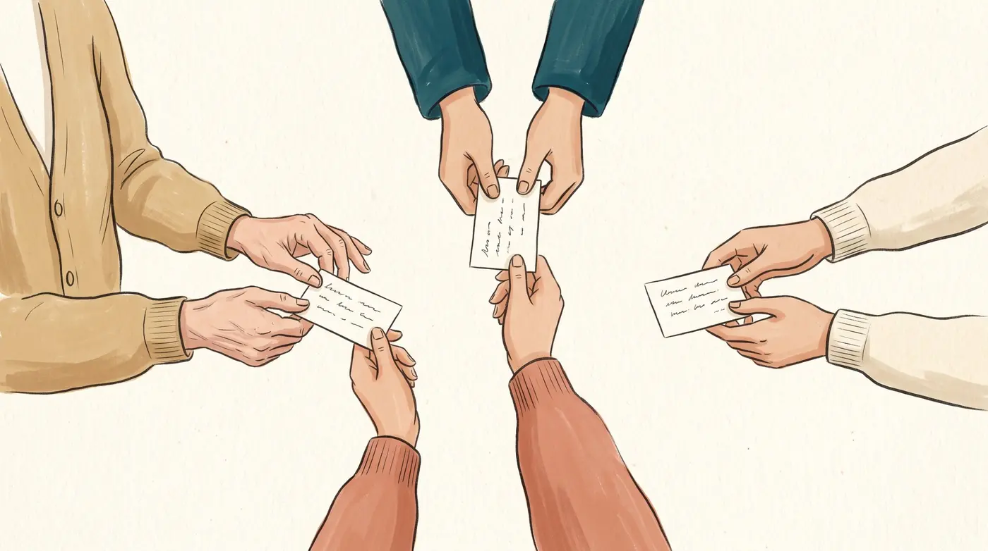 Unas manos reparten tarjetas escritas a mano; varias personas sostienen cada una su copia.