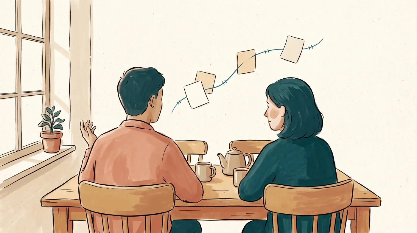 Dos personas de espaldas en una mesa de cocina. Una hace un gesto con la mano; la otra la mira con atención. Entre ellas flota un hilo con pequeñas tarjetas de papel.